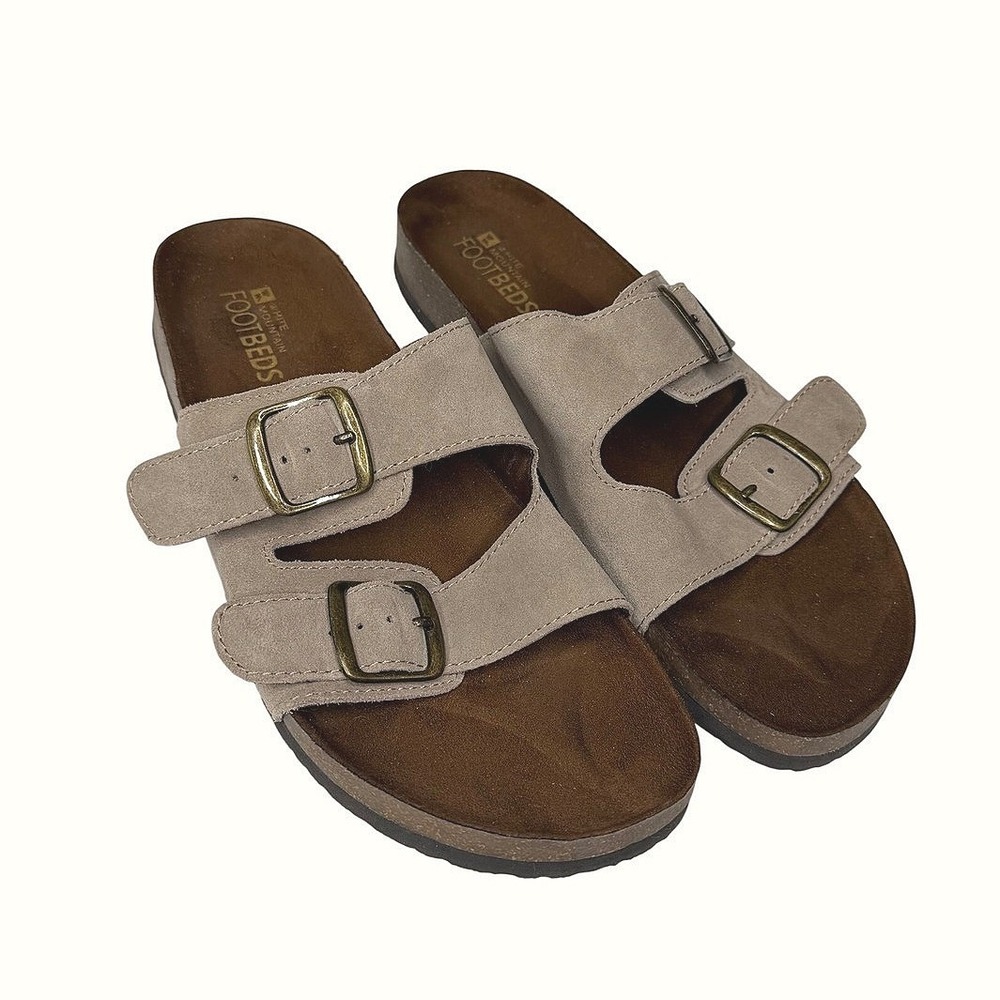 White Mountain Helga Double Buckle Flat Cork Sandal Taupe 11M Upper Leather